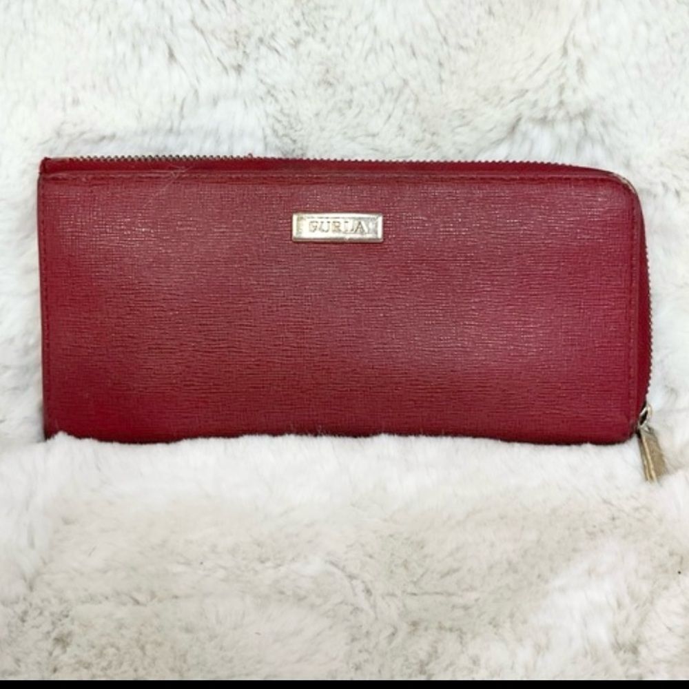 Furla Classic Red Babylon Texure Leather Zip Around Wallet